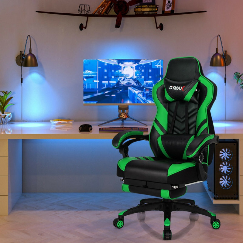 Fauteuil de jeu réglable avec repose-pieds pour bureau personnel, vert, Green Faux Leather, Green