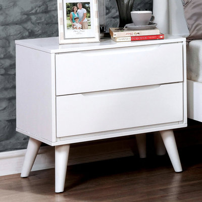 2 tables de chevet de style Mid-Century moderne en bois massif blanc avec pieds ronds et 2 tiroirs