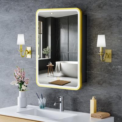 16" W x 28" H Fruzsina Modern Iron Framed Surface/Recessed Mount Medicine Cabinet with Mirror, Adjustable Glass Shelves, Dimmable Lighting, Anti-Fog and Memory Function for Makeup, Shaving or Bathroom Vanity Storage