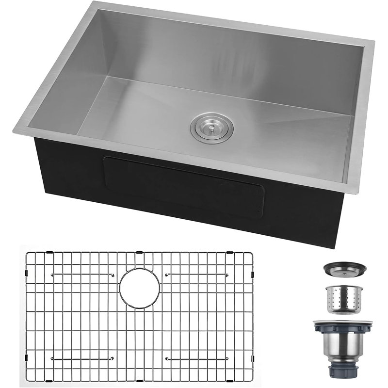 30" L x 18" W Stainless Steel Undermount Kitchen Sink with Basket Strainer, 18-Gauge, Stainless Steel