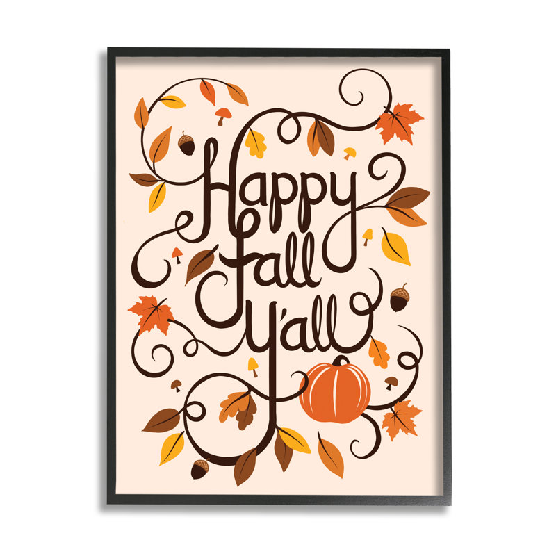 "Happy Fall Y'all" Autumn Foliage Acorns par Jo Taylor - Art textuel, H 14 po x l 11 po, Giclée encadrée noir minuit
