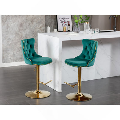Tabourets de bar dorés pivotants dorés à hauteur réglable de 25 à 33 pouces, tabourets de bar rembourrés modernes avec dossier capitonné confortable pour un pub à domicile et un îlot de cuisine (vert, ensemble de 2)
