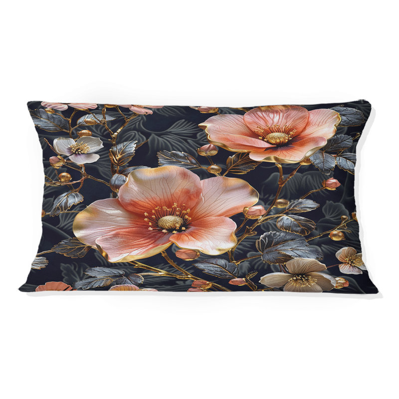 Coussin lombaire bohème rose et noir Boho Floral Meadows II, Forme rectangulaire, H 12 po x l 20 po