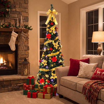 Arbre de Noël pliable artificiel de 1,80 m avec 200 lumières DEL, décorations et feuillage réalistes, idéal pour le salon.