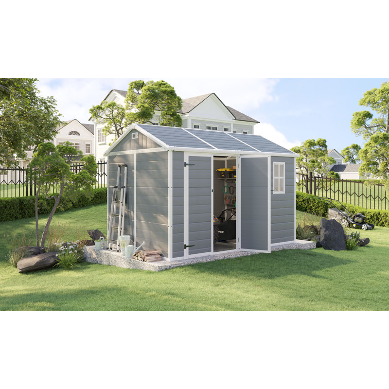 AMERLIFE 10.5x7.6x7.5 FT Resin Storage Shed with Floor, Tool Shed Outdoor Storage with Vents, Grey