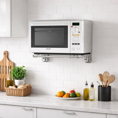 Universal Stainless Steel Microwave Wall Mount Bracket with Removable Hooks, Adjustable Foldable Oven Shelf Rack, Heavy Duty Kitchen Storage Stand, Holds up to 100 lb, Silver