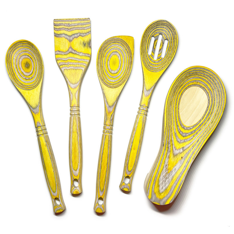 Yellow and Gray Pakkawood 5-Piece Cooking Utensil Set
