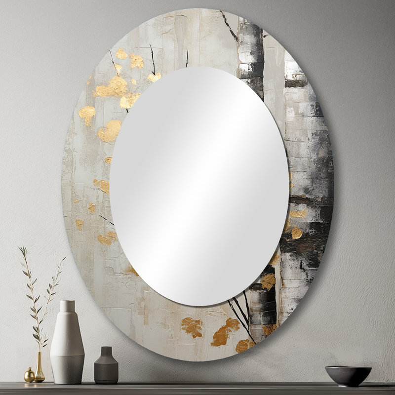 Tree Whispers Of Gray And Gold - Traditional Oval Wall Mirror, 43" x 33"