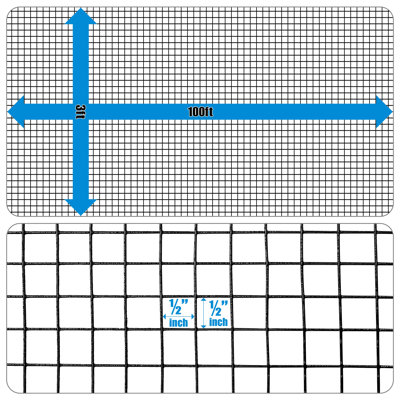 2FT H X 25FT W Black Vinyl Coated Hardware Cloth, 19 Gauge Welded Wire Fence Rolls, Mesh 1/2" X 1/2"