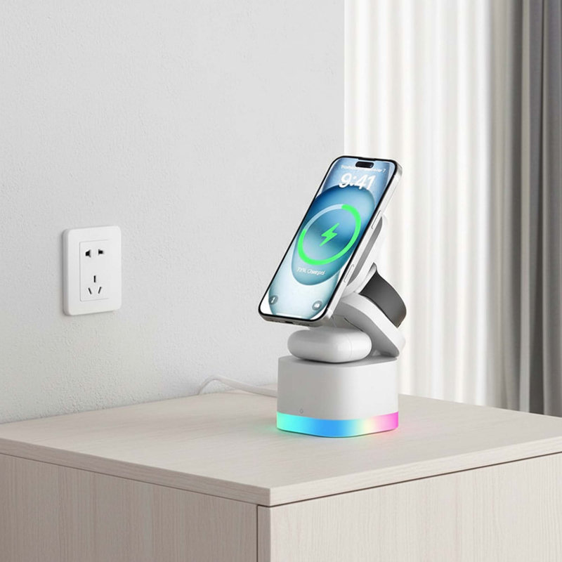 Chargeur magnétique pliable sans fil avec veilleuse Station de charge rapide 15W pour iPhone Câble rétractable AirPods Apple Watch