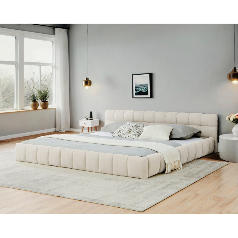 Upholstered Bed, Bedroom Platform Bed Frame With Headboard, Beige