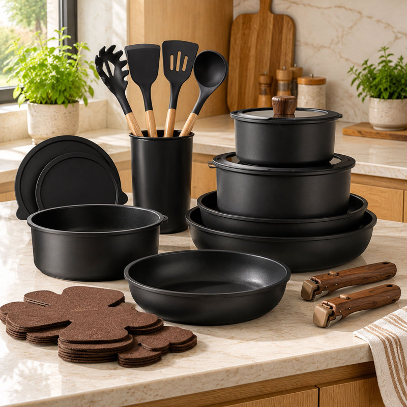 21-Piece Nonstick Cookware Set with Detachable Handles, Black, Induction Compatible