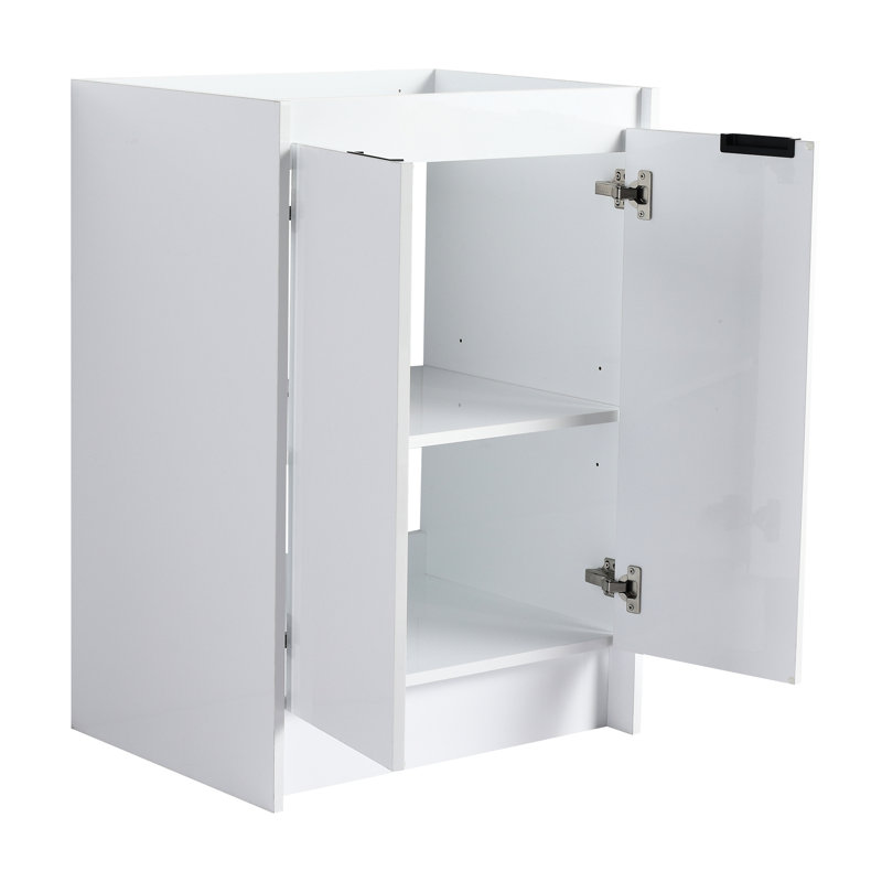 Meuble-lavabo sur pied blanc brillant avec lavabo en résine de 61 cm (24 po), de style moderne, système de fermeture amortie et silencieuse.