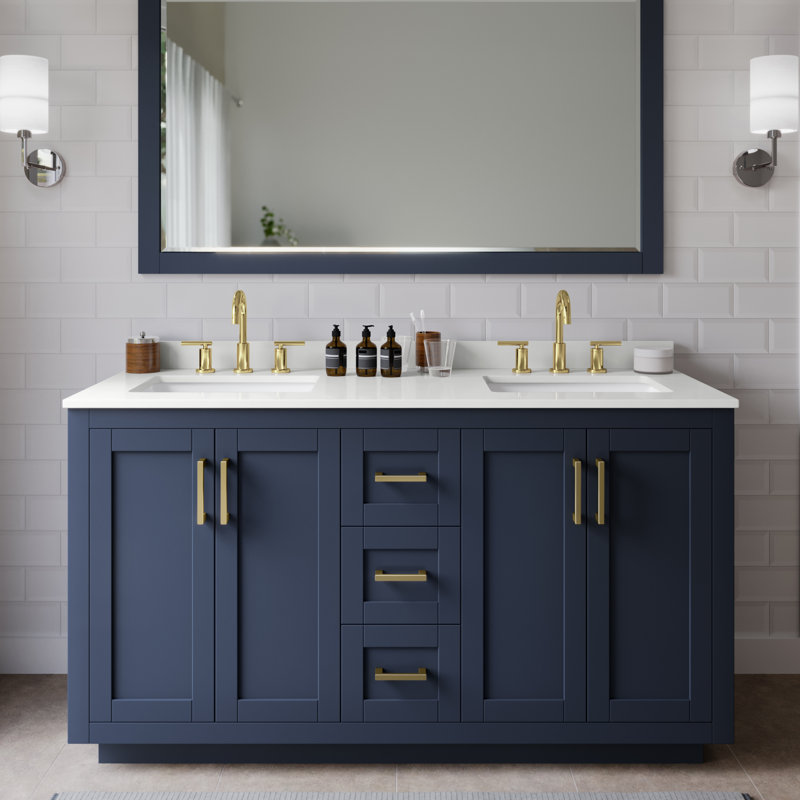 Miranda 60" Freestanding Double Bathroom Vanity with Quartz Top, Dark Blue, White Quartz, Brushed Gold