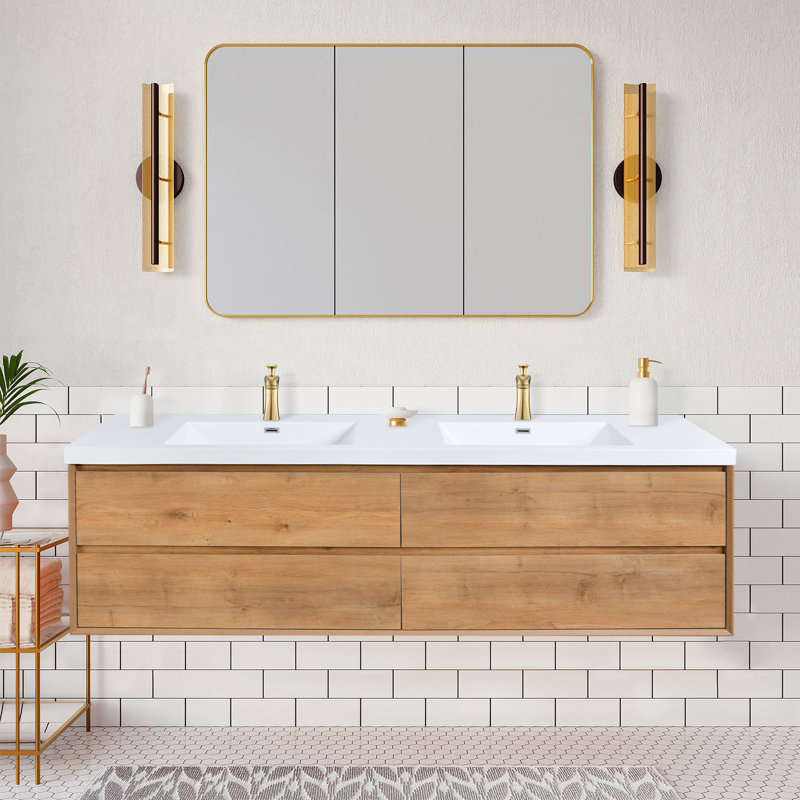 Solenne Wall Mounted Double Bathroom Vanity With Resin Top, 60"