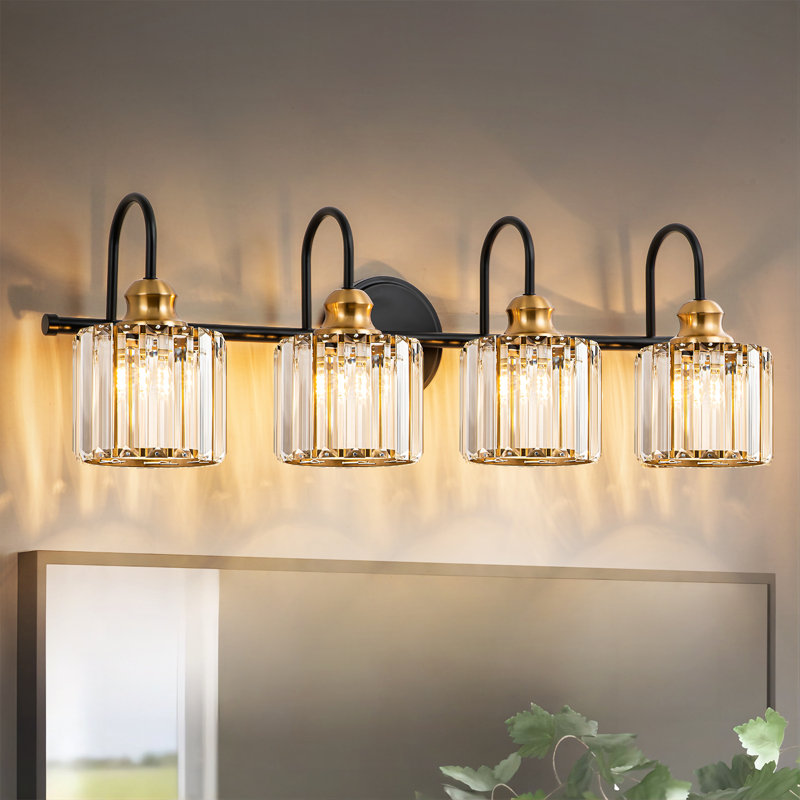 Gjystina 3-Light Dimmable Gold-Black/Chrome Crystal Vanity Light, Black/Gold, 4 Lights
