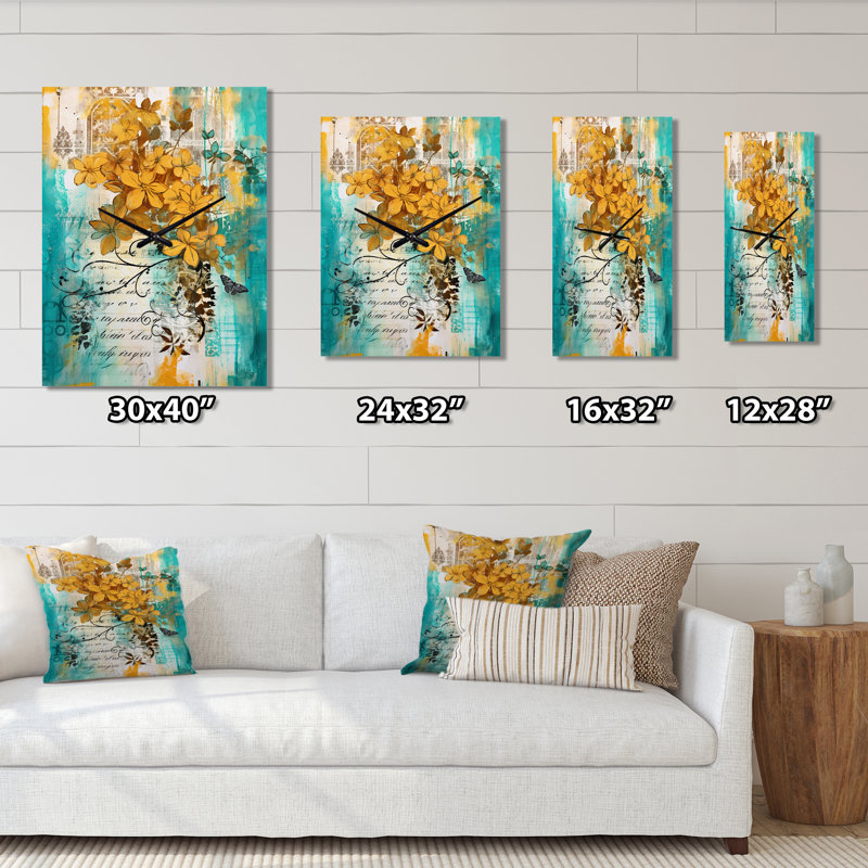 Horloge murale fleurs jaunes sur turquoise - rose, Très grand