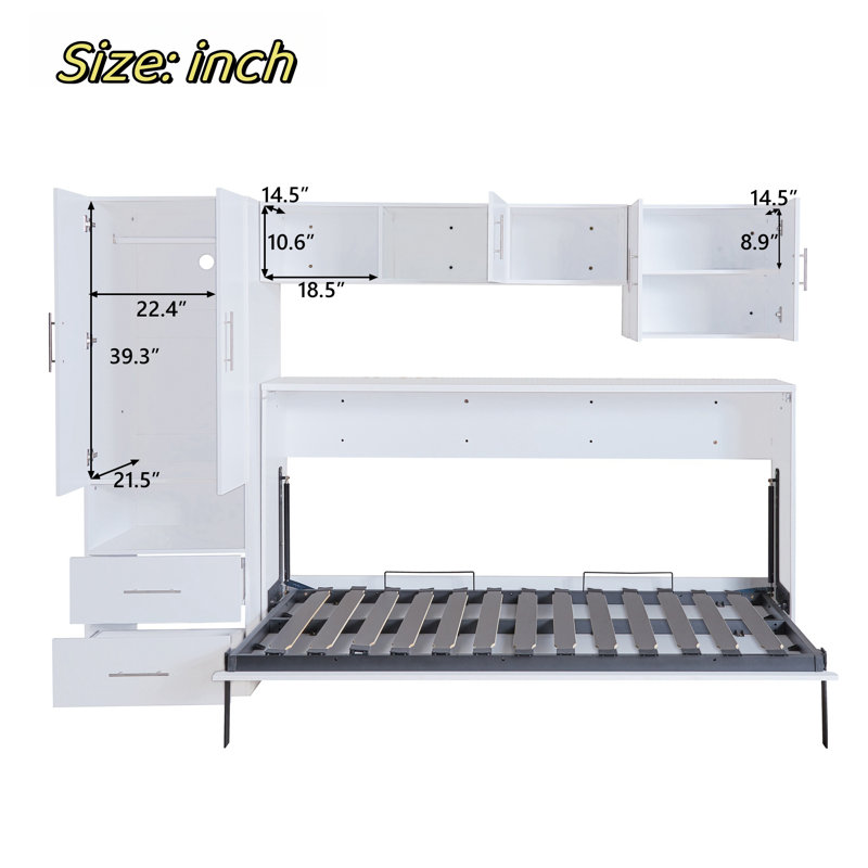 Murphy Bed With Open Shelves, Storage Drawers, Built-in Wardrobe And Table