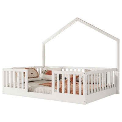 Full Floor Bed With 19.4 - Inch High Rails And Led For , Low Profile Design, Pine Frame Size Single Color Lighting, To Ground, Construction