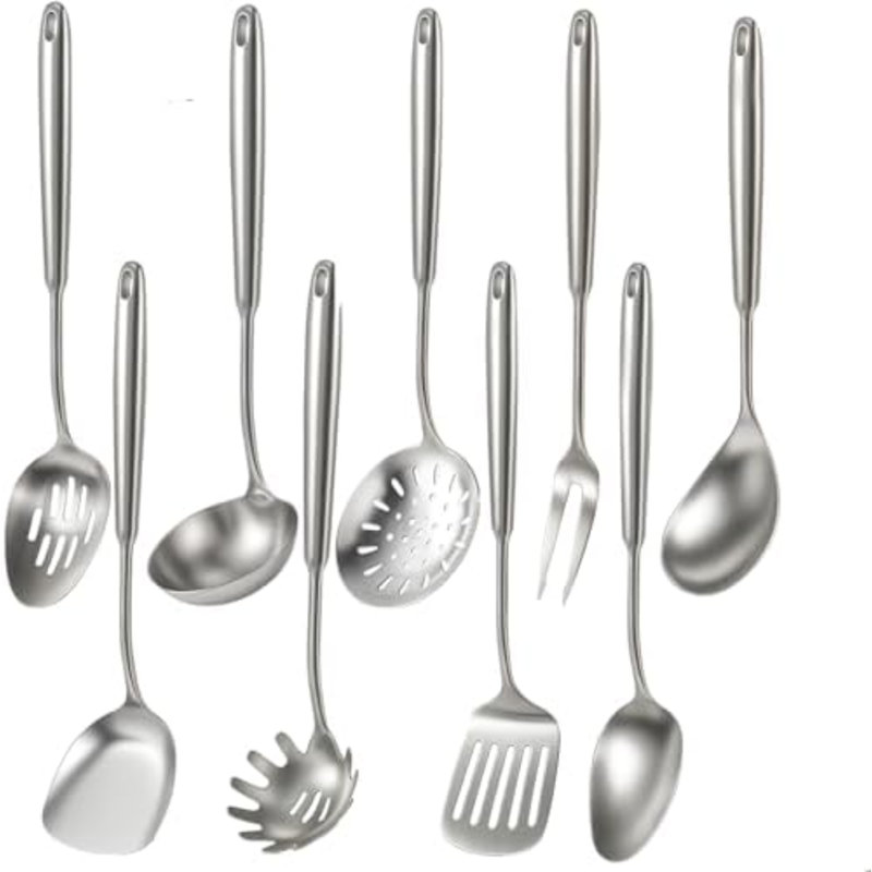 Ensemble 9 pièces d'ustensiles de cuisine, ensemble d'ustensiles de cuisine en acier inoxydable 304, accessoires de cuisine en métal, comprend une louche à soupe, une cuillère écumoire, une cuillère à spaghetti et une spatule, va au lave-vaisselle