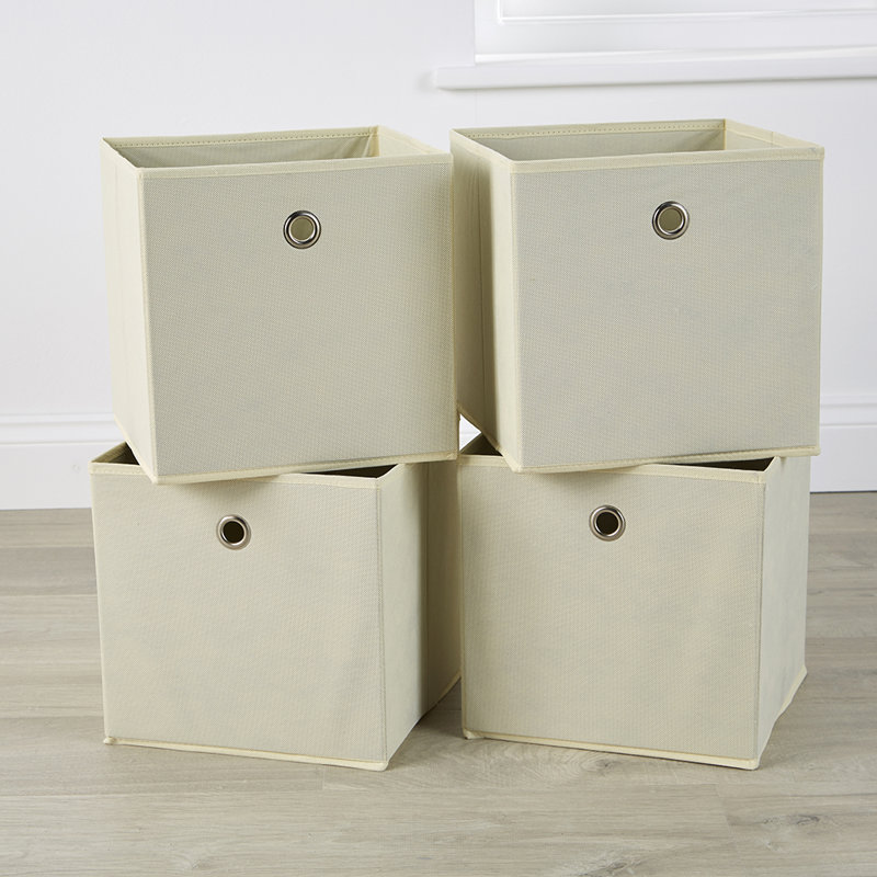 Pack of 4 Fabric Storage Cube Organiser Box, Off White