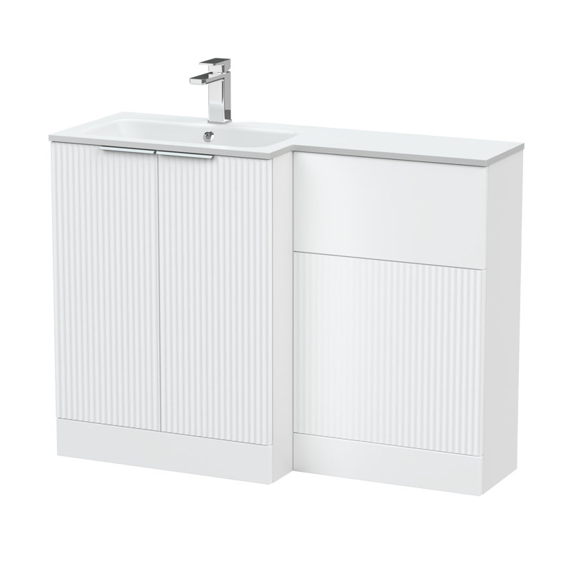 Hudson Reed Fluted 1100mm Left-Hand 2 Door Satin Grey Floor Standing Combination Unit With Stone Basin, Satin White