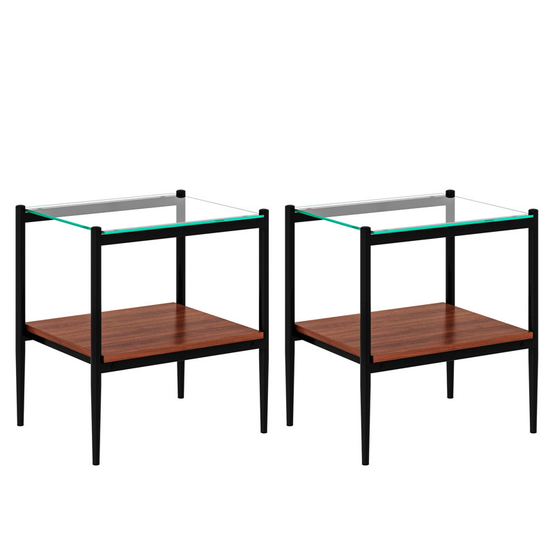 Set of 2 Rectangle End Table, Tempered Glass Tabletop with MDF layer, Glass, Transparent, Black/Brown