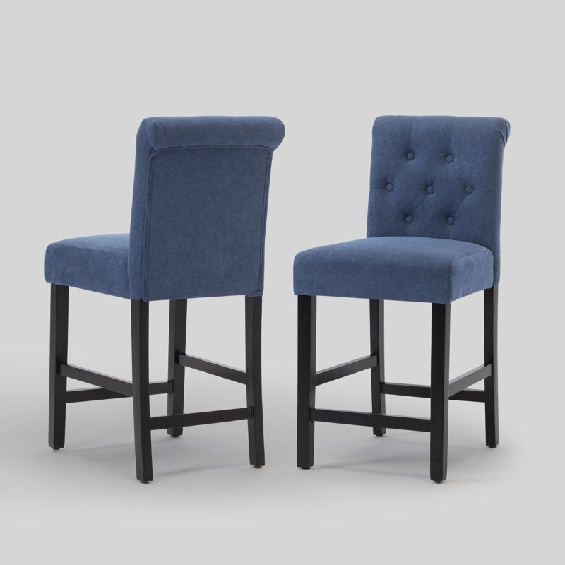 Tabouret de bar Burlison 25,25 po en bois recouvert de tissu avec dossier bas, ensemble de 2, Bleu / polyester