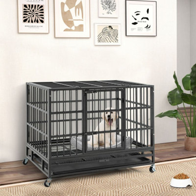 Foldable Heavy-Duty Metal Dog Cage With Lockable Rolling Casters And Tray