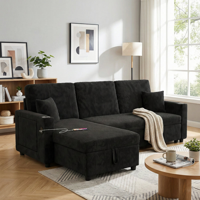 83.5"Sectional Sleeper Sofa with Pull-Out Bed, Plush Corduroy L-Shaped Modular Couch with Storage Chaise and USB Charging