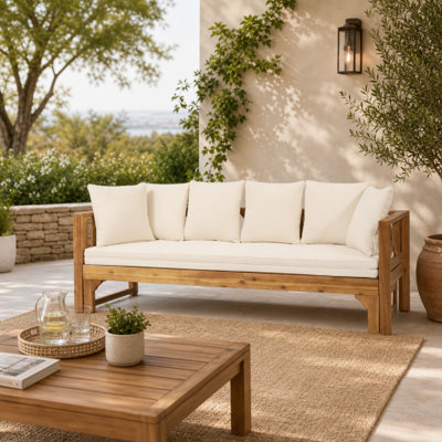 Convertible Acacia Wood Outdoor Daybed With 6 Cream Throw Pillows