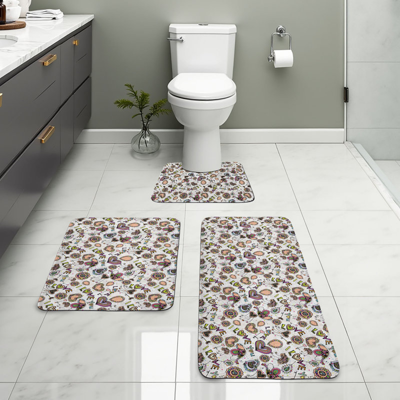  Multicolore «I Love You», ensemble de 3 tapis de salle de bain en U et rectangulaires