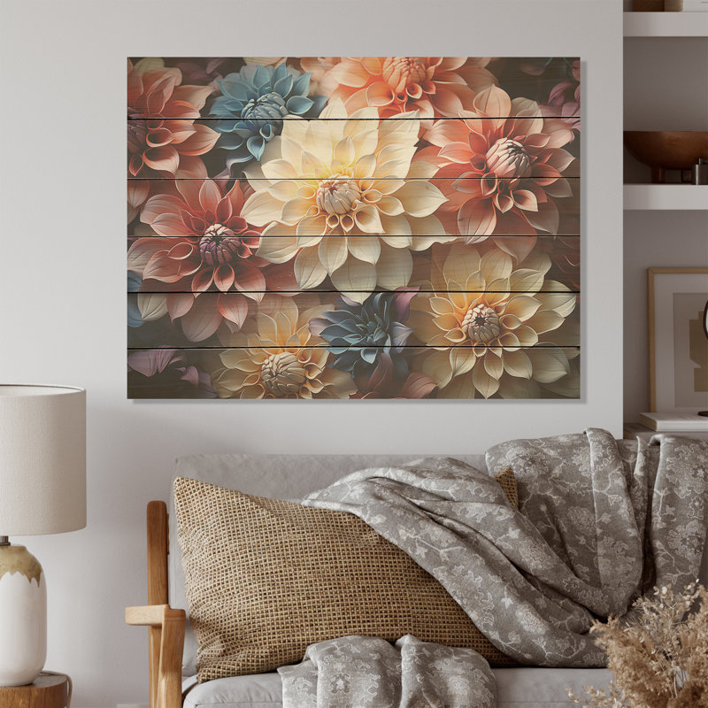 Effet de dahlia coloré et tranquillité - art mural en bois de dahlia sur bois de pin naturel, H 30 po x l 40 po