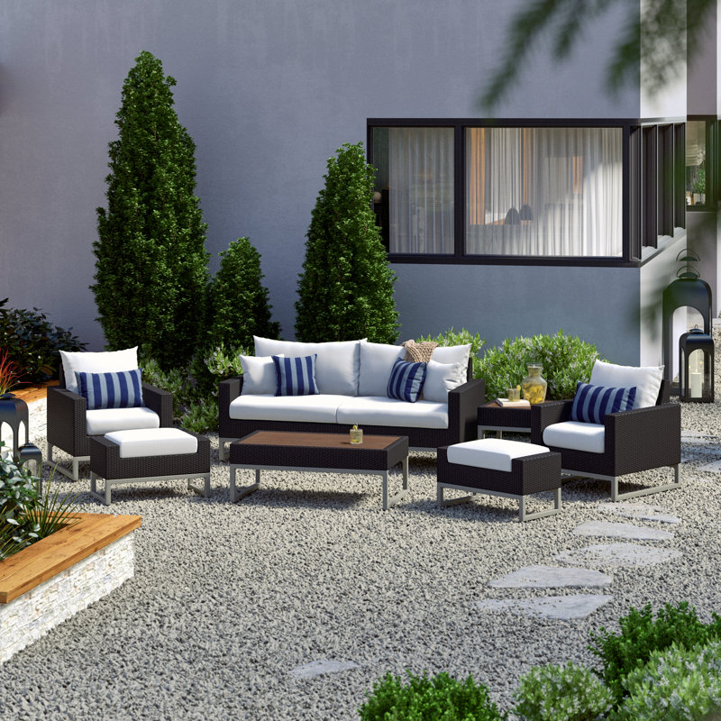 Sameko Amali 7 Piece Rattan Sofa Seating Group With Sunbrella Cushion Covers, Brown, Centered Ink Stripe Sunbrella®