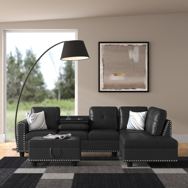 Black Faux Leather 3-Piece Sectional Sofa Set with Storage Ottoman, Black Faux Leather, Right Hand Facing
