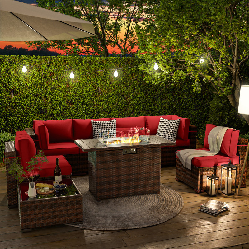 Romanas 8 Piece Patio Conversation Sets With Fire Pit Table, Light Red