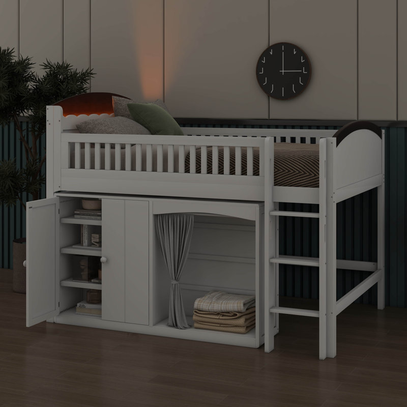  Loft Bed With Storage Cabinet, Wardrobe & Integrated Lighting, Sturdy Wooden Loft Bed With Ladder & Safety Rails For Teens