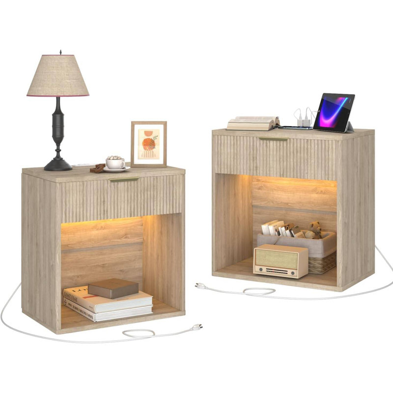 Set of 2 Fluted Nightstand with Charging Station - 23” Wide Modern Bedside Table with Drawer and Curved Profile, Mid-Century End Table for the Bedroom