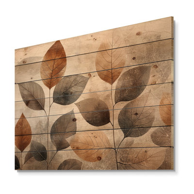 Collage mosaïque feuilles taupe III - décoration murale feuilles de bois - sur bois de pin naturel