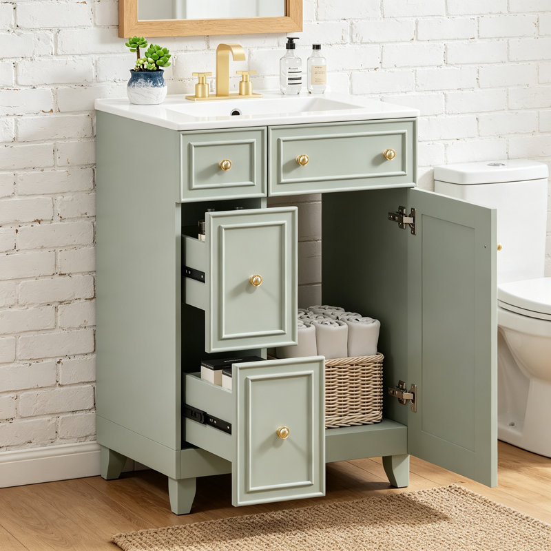 Meuble-lavabo de 24 pouces avec lavabo en céramique, 2 tiroirs et 1 porte pour petits espaces