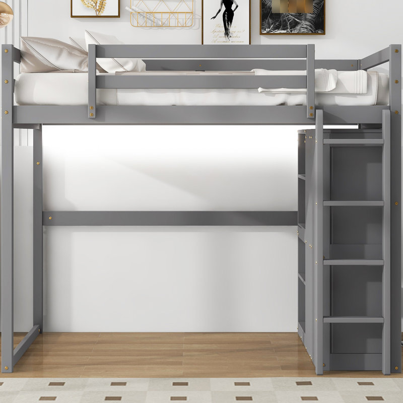 Full Loft Bed With Built-In Wardrobe, Led , Gray Wooden Shelves Wood Storage Shelves, Reading