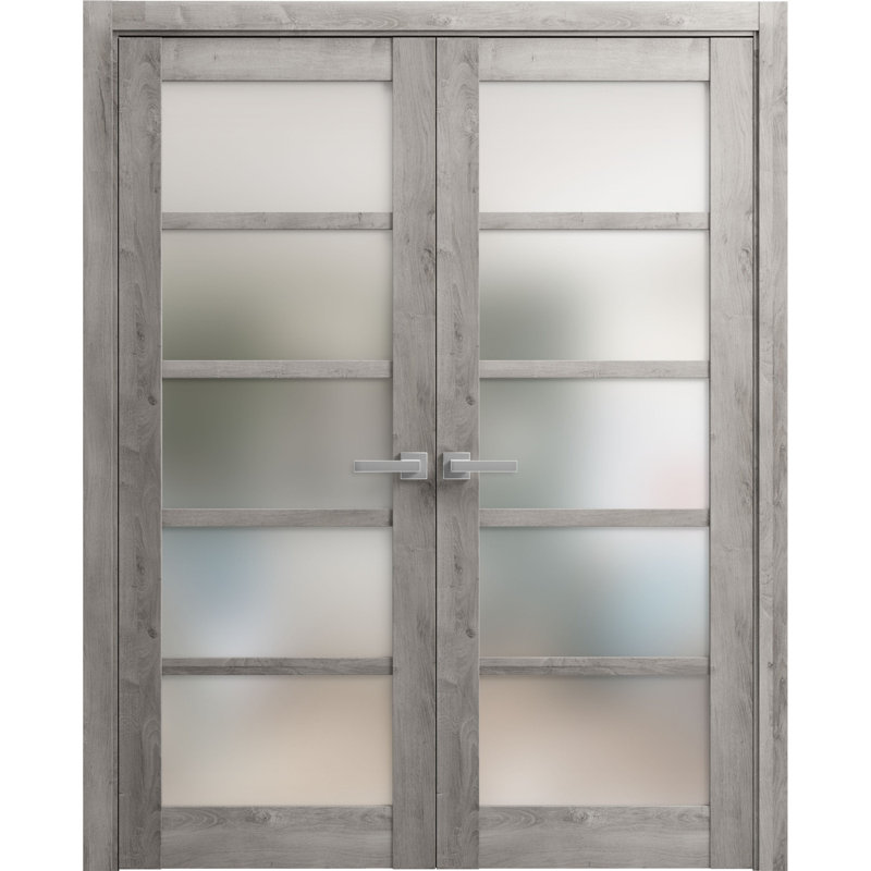 Portes doubles françaises massives en verre dépoli Quadro 4002 Gris Nebraska, cadre en bois massif, moulures, portes robustes pour placard ou chambre à coucher, 36 po x 80 po (2 x 18 x 80 po)