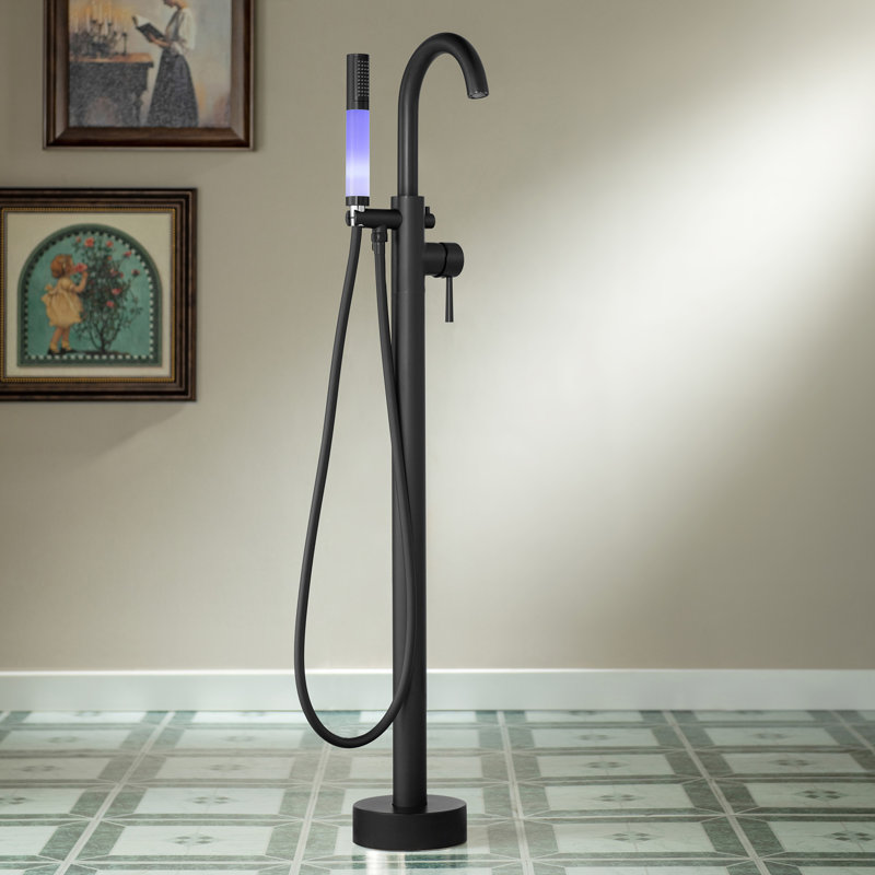 WOODBRIDGE Contemporary Single Handle Floor Mount Freestanding Tub Filler Faucet With Integrated LED Color-Changing Spray Head