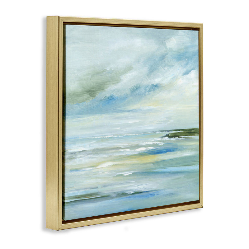 «Cloudy Blue Beach Impression» par Lera, Cadre flottant métallique doré, H 18 po x l 18 po