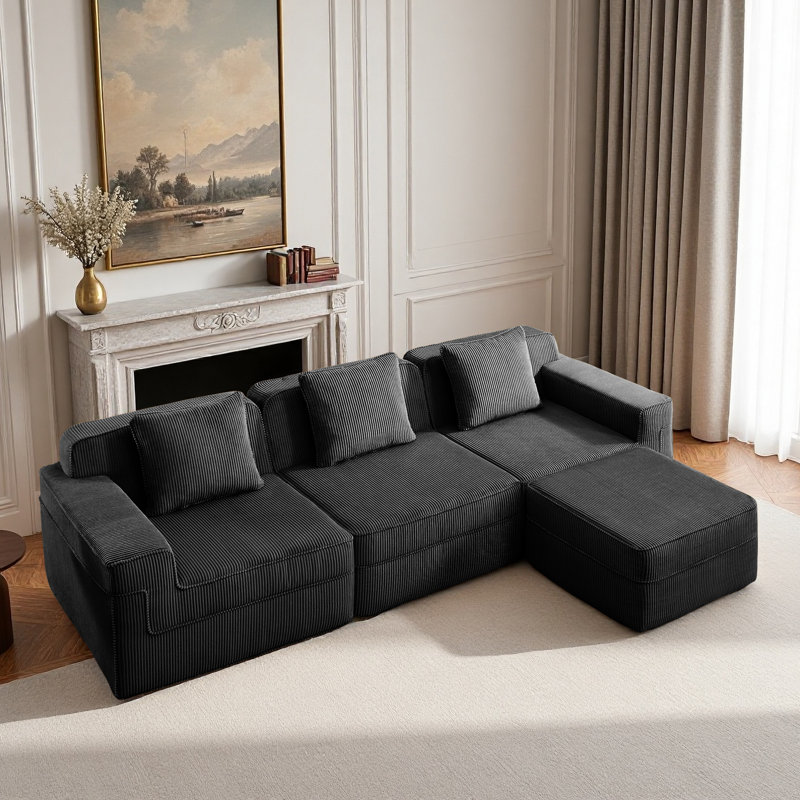 Canapé modulaire modulaire à 3 places en forme de L sans os, canapé modulaire Cloud avec assise profonde, canapé modulaire moderne à 3 places avec 1 repose-pieds mobile, tissu en velours côtelé