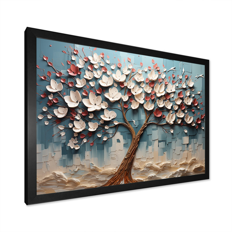 Arbre de fleur rouge et or au clair de lune beauté V - art mural arbre, Cadre d'angle fermé noir, H 16 po x l 32 po x P 1 po