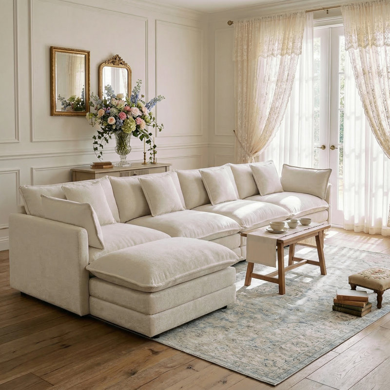 146" Upholstery Modular Sectional Set, White Chenille