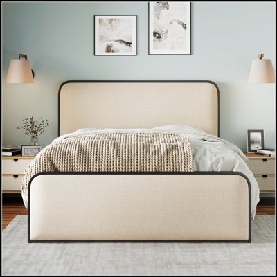 Structure de lit moderne en métal avec tête et pied de lit rembourrés courbés, rangement sous le lit pour des chambres élégantes et pratiques