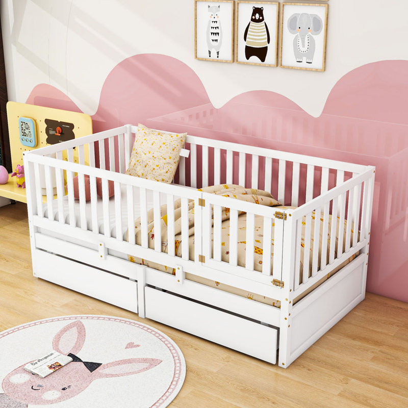Wooden Floor Bed with Guardrails and 2 Drawers, White, Twin