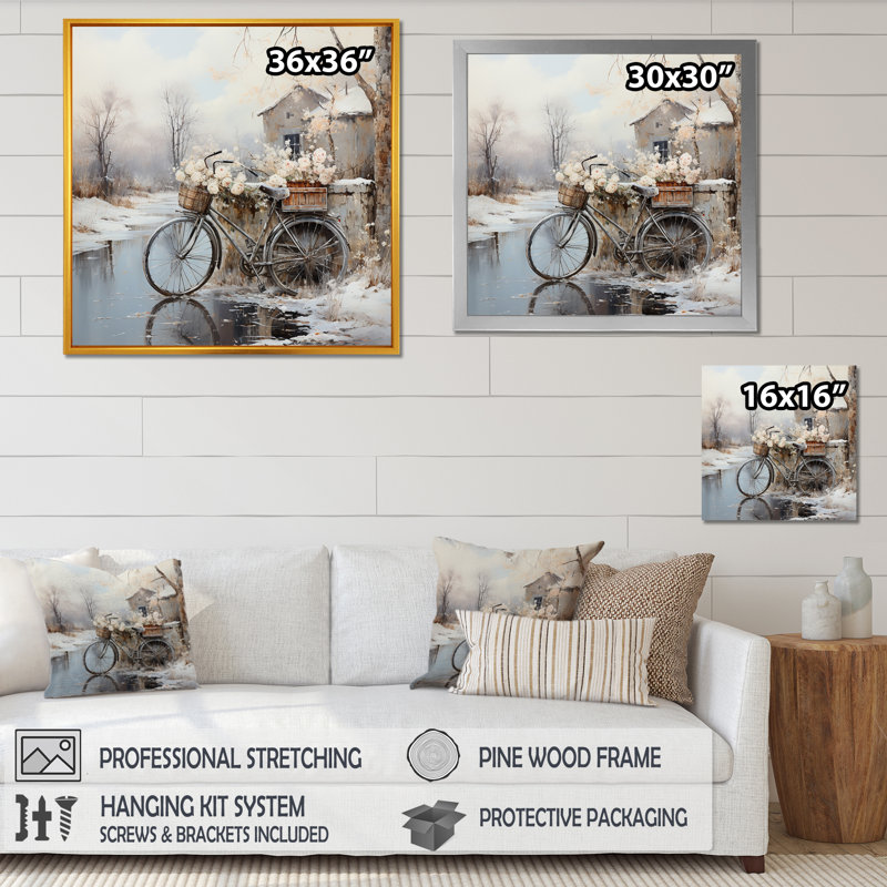 " Bicycle Charm In Winter ", 24" H x 24" W x 1" D, Silver Picture Framed